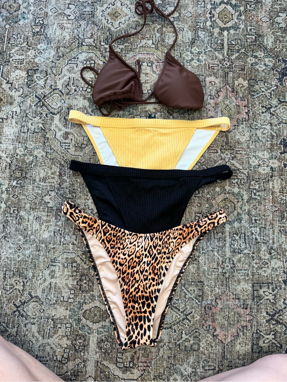 Mixed Bikini Bottoms and Brown Triangle Top - Yellow,  Black, Leopard, Brown